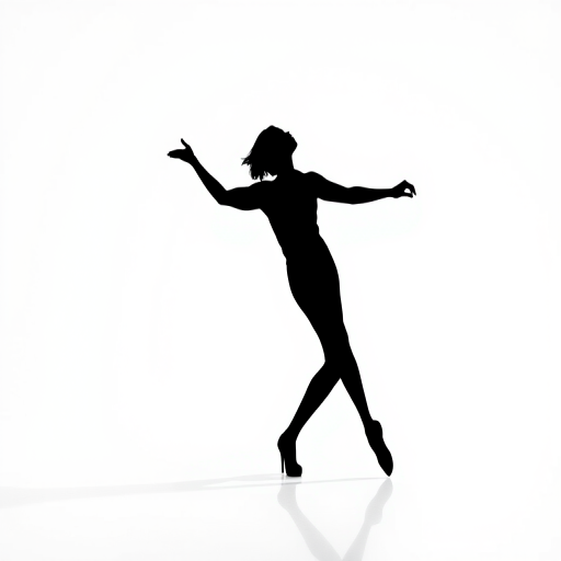 Generate a high-resolution image of a stylized black silhouette of a dancing figure on a plain white background using a DSLR camera with a 50mm lens, aperture set to f/1.8, ISO 100, shot at eye level in a portrait orientation for sharp focus and depth of field.