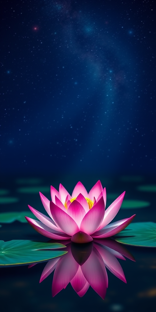 Create a vibrant cosmic lotus flower in a tranquil water setting with a starry background, using a DSLR camera, 50mm lens, aperture f/1.8, ISO 100, and a long exposure of 2 seconds to enhance image quality.