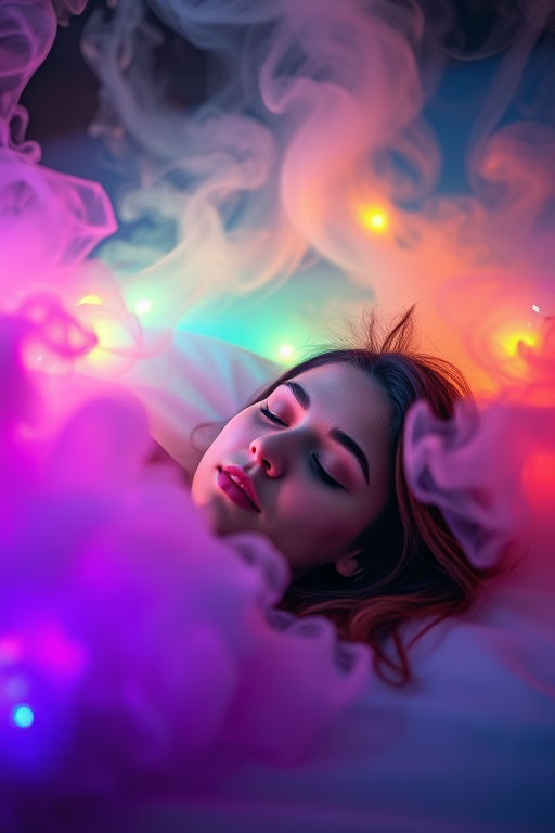 a serene scene of a young woman peacefully sleeping amidst vibrant, swirling clouds of colorful smoke and glittering lights, shot with a Canon EOS R5, 50mm lens, f/1.8 aperture, ISO 100, with low soft lighting and a dreamy bokeh effect