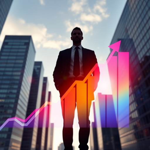 Create a high-resolution image of a silhouette of a businessman standing confidently against a backdrop of modern skyscrapers, with a dynamic upward trend graph overlay in vibrant colors, captured with a DSLR camera, 50mm lens, f/1.8 aperture, ISO 100, and a shallow depth of field for improved clarity.
