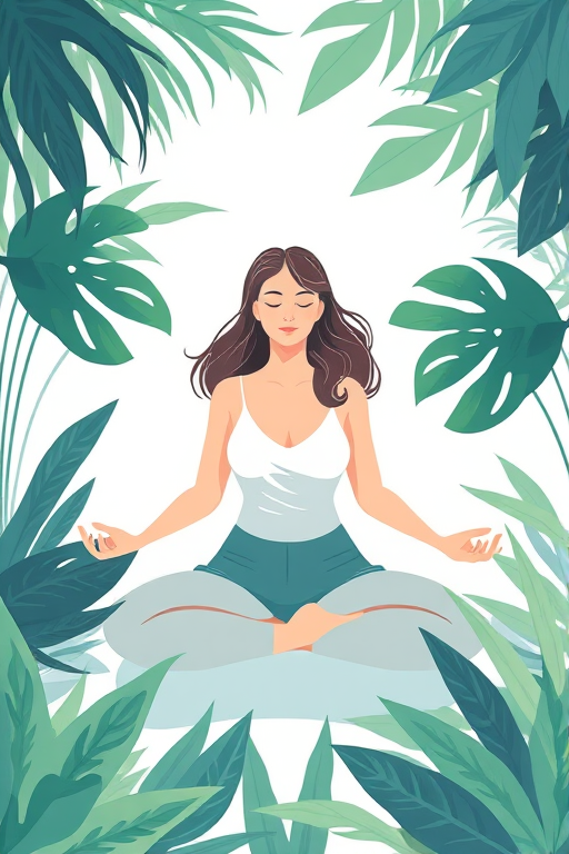 Create an illustration of a woman meditating in a serene environment surrounded by tropical plants, using a soft color palette with shades of blue and green, with a focus on minimalistic design and flat elements, shot with a DSLR camera at f/4 aperture, 50mm lens, natural soft lighting, top-down view to enhance depth and clarity.