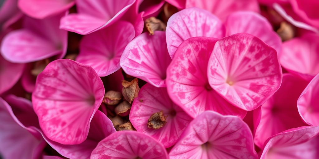 Close-up of vibrant hydrangea petals in various shades of pink and red with dried brown petals interspersed, captured with a DSLR camera, 70mm focal length, f/2.8 aperture, ISO 100, natural light, shallow depth of field, macro photography style.