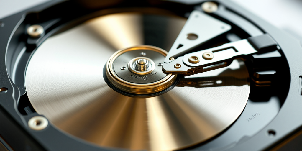 highly detailed illustration of an internal hard drive with a glossy finish, focus on the spinning platters and actuator arm, 50mm lens, aperture f/8, 1/125s shutter speed, soft natural lighting, high dynamic range imaging, digital illustration style