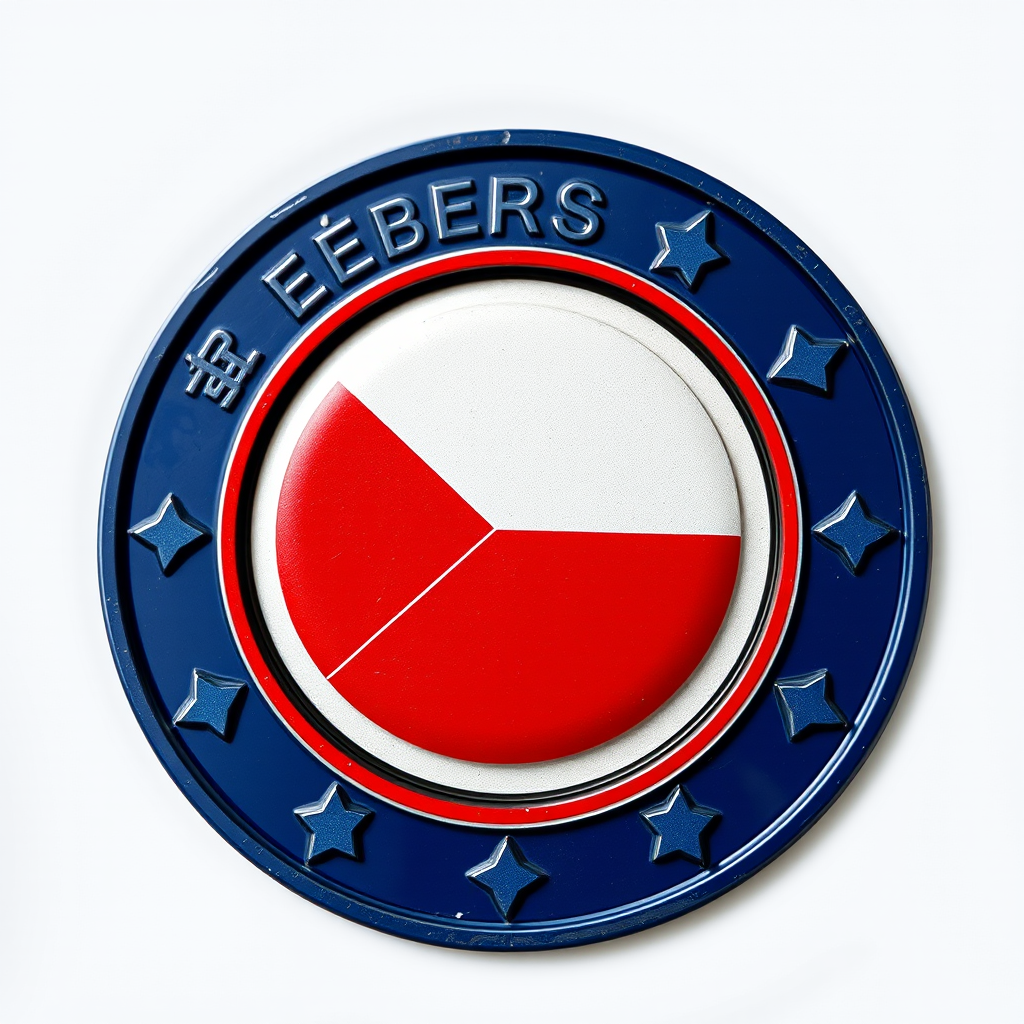 Create a high-resolution image of a circular emblem featuring the Czech Republic flag, using a Canon EOS R with a 50mm lens, aperture set to f/2.8, ISO 100, 1/200 sec shutter speed, shot in a soft natural light setting to enhance colors and detail.