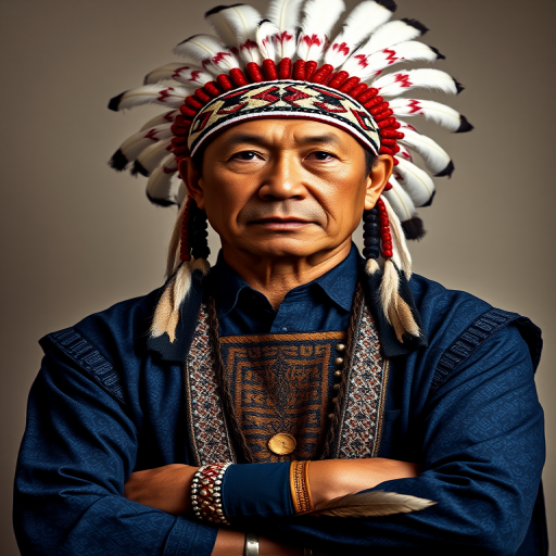 Create a dignified portrait of a Native American man dressed in traditional attire. He wears a beautifully crafted headdress adorned with white feathers and red beads, along with a beaded headband featuring intricate patterns. His clothing includes a deep blue, patterned shirt and a traditional chest piece with detailed beadwork. His arms are crossed, displaying leather armbands decorated with feathers. The background is simple and neutral, emphasizing his proud and stoic expression. The overall image captures the rich cultural heritage and strength of his persona.