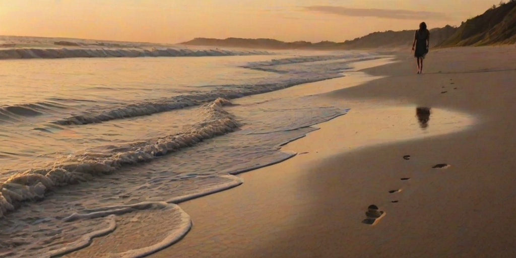 Deserted beach at sunset, a lone woman walks along the shoreline, her footprints trailing in the wet sand as the waves lap gently at her ankles.