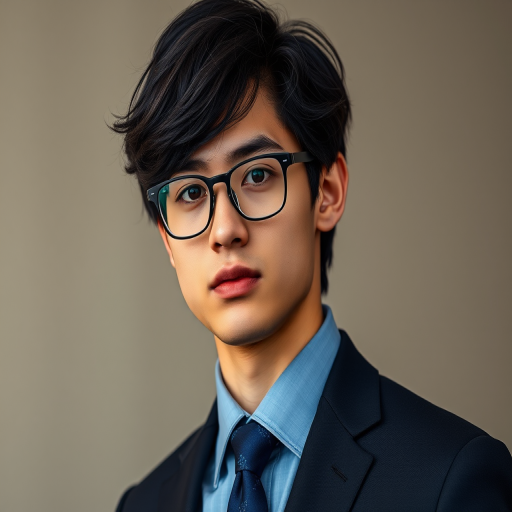 Create a hyper-realistic portrait of a young man with wavy black hair and glasses, wearing a dark suit and a blue tie, shot in 85mm focal length, ISO 100, aperture f/1.8, natural light, DSLR camera, with a soft focus background for depth.