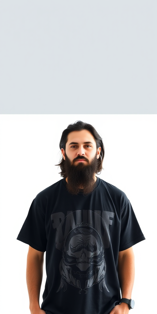 portrait of a man with long dark hair and a beard wearing a black oversized t-shirt with a graphic design, standing against a white background, captured with a DSLR camera, 50mm lens, f/1.8 aperture, ISO 100, natural lighting, soft focus background