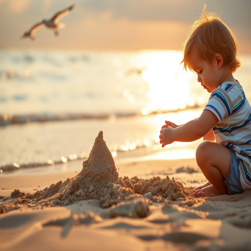 Warm, softly lit image of a child building a sandcastle on the beach, soft waves lapping at the shore in the background, distant seagulls flying overhead, sunlight glinting off the water, a sense of summer warmth and carefree joy.