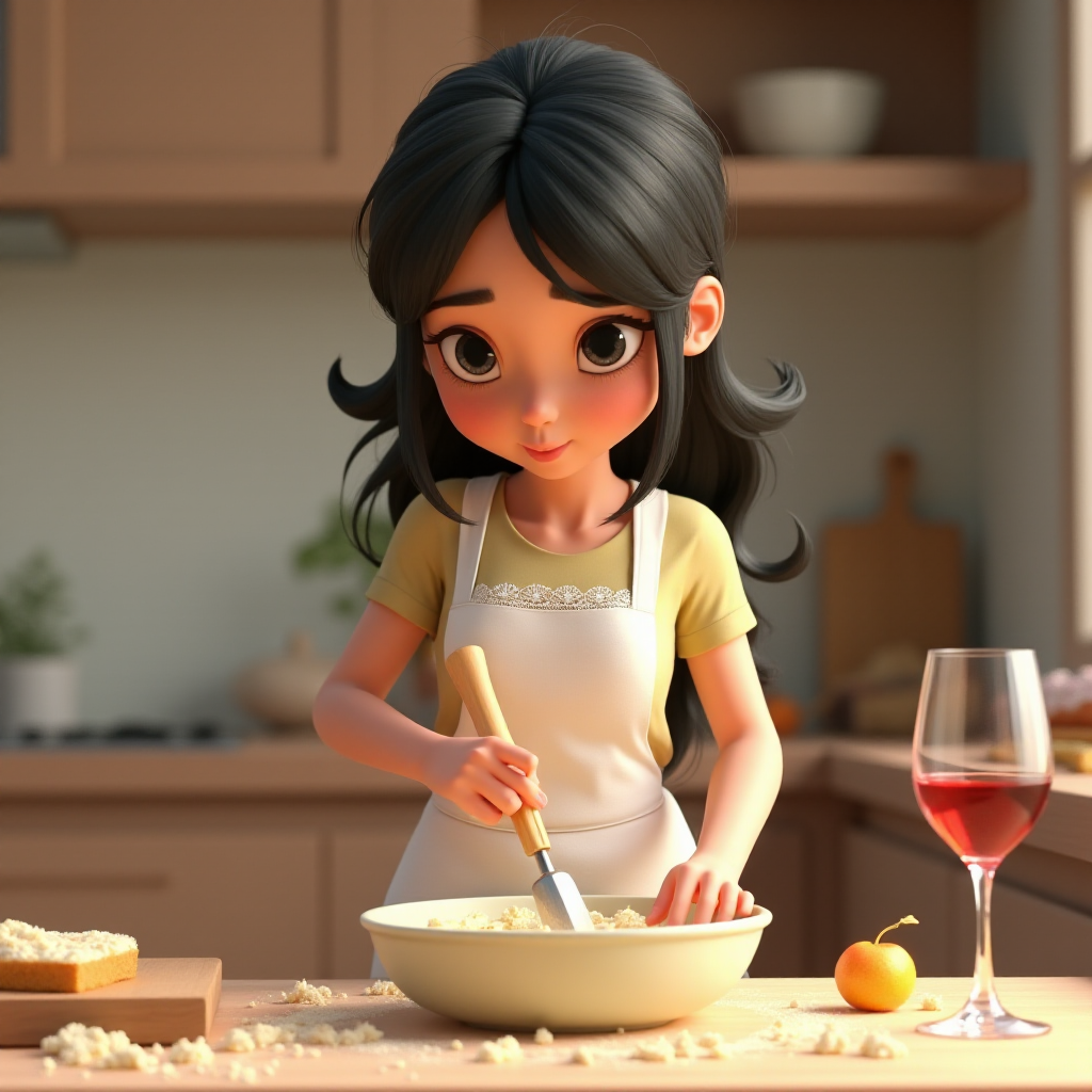 A Pixar-style CGI girl with black hair and black eyes wearing a white apron with lace stands in a kitchen and kneads cake batter. a text "ipic ai" at the table. There is flour dust in the air, a glass of wine on the table and the cake ingredients are scattered around. 3D