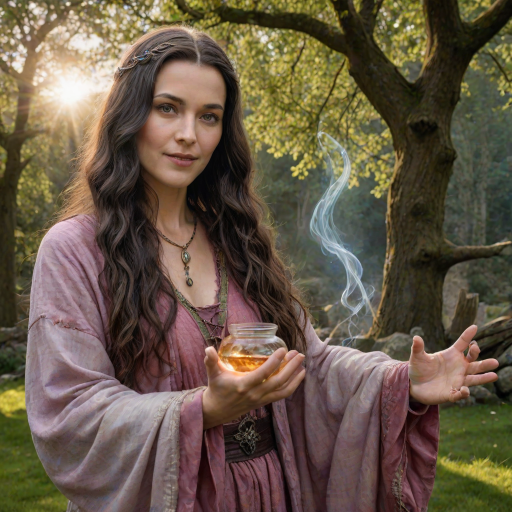 Create a super realistic photo portrait of the sorceress Nimue enthralling the old long haired and bearded magician Merlin with the scent of a magic perfume-potion. Merlin's senses are blurred and he has a happy smile on his face like that of a slightly drunken man. Nimue is standing opposite of Merlin facing him. She is holding out the potion with both hands towards Merlin's nose. A visual depiction of the pink scent soflty creeps into Merlin's nostrils. The picture is set in front of a typical British landscape with grass, a dry stone wall and old and big trees. Cloudy skies with sun-rays braking through giving the picture a soft and romantic tone. HDRI, 8k,V-Ray render