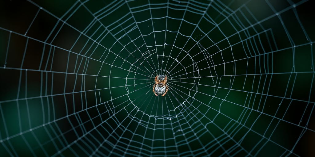 Generate a high-resolution image of a spider web with intricate details, captured using a DSLR camera at f/8 aperture, ISO 100, 1/200 sec shutter speed, overhead view, macro style.