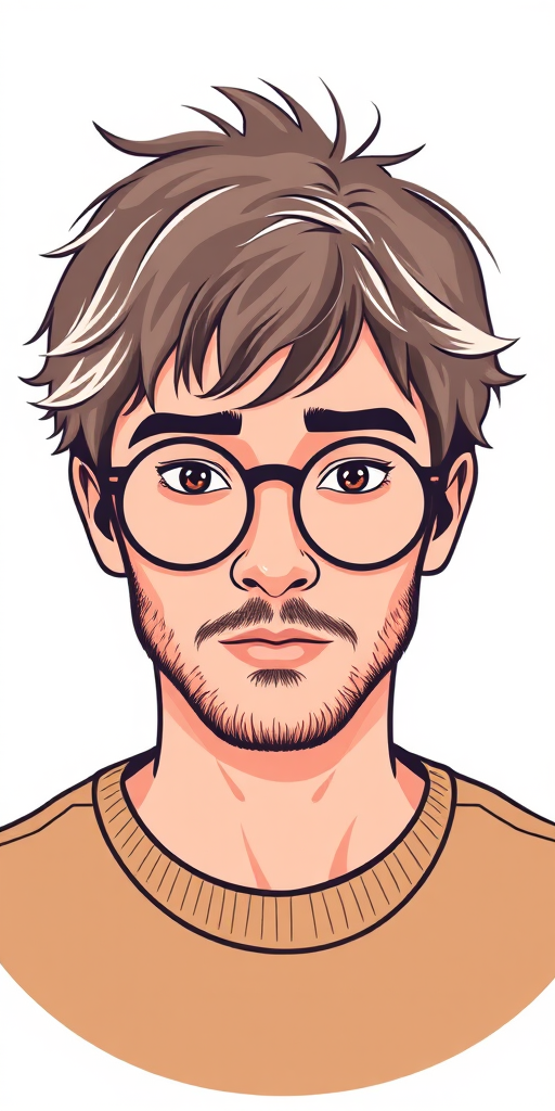 Generate a vector illustration of a male figure with shaggy hair and round glasses, using a soft color palette; camera settings: 50mm lens, f/8 aperture, ISO 100; camera view: frontal portrait; camera style: flat design; camera type: digital graphics tool.