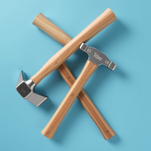 create a high-resolution image of crossed hammers on a solid blue background, using a Canon EOS R5 with a 50mm lens, aperture f/1.8, ISO 100, and soft diffused lighting to enhance details and create a smooth finish, top-down view for clarity.