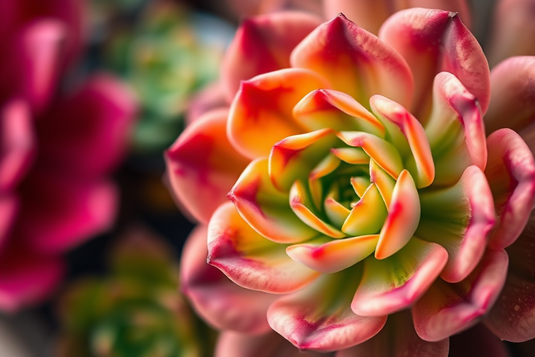 macro shot of a colorful succulent plant with ruffled edges, shallow depth of field, ISO 100, aperture f/2.8, 50mm lens, natural light, DSLR camera, soft focus background