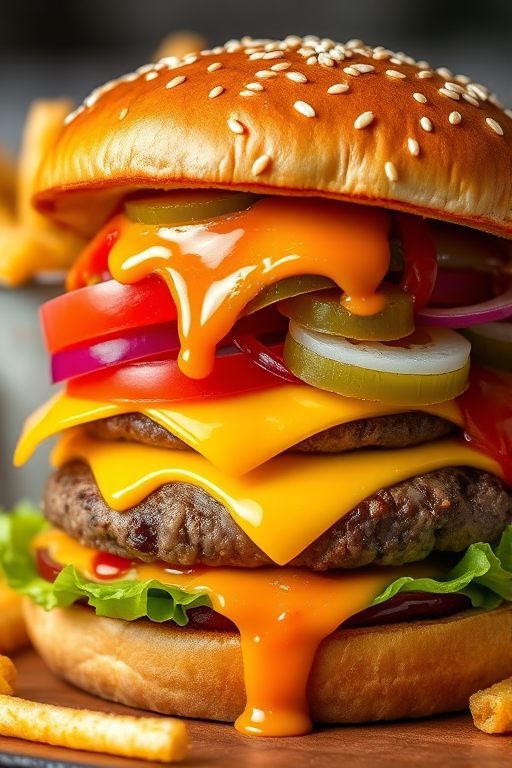 High-resolution, close-up image of a gourmet double cheeseburger. The burger features a glossy, sesame-seed-topped brioche bun. Inside, there are two thick, juicy beef patties, each topped with melted cheddar cheese. The burger is garnished with fresh lettuce, tomato slices, diced onions, and pickles. A generous amount of ketchup and a creamy, orange-colored sauce is dripping down the sides, adding to the mouth-watering appeal. In the background, there are blurred elements including a side of golden French fries and a hint of a beverage, enhancing the overall presentation of a delicious meal.