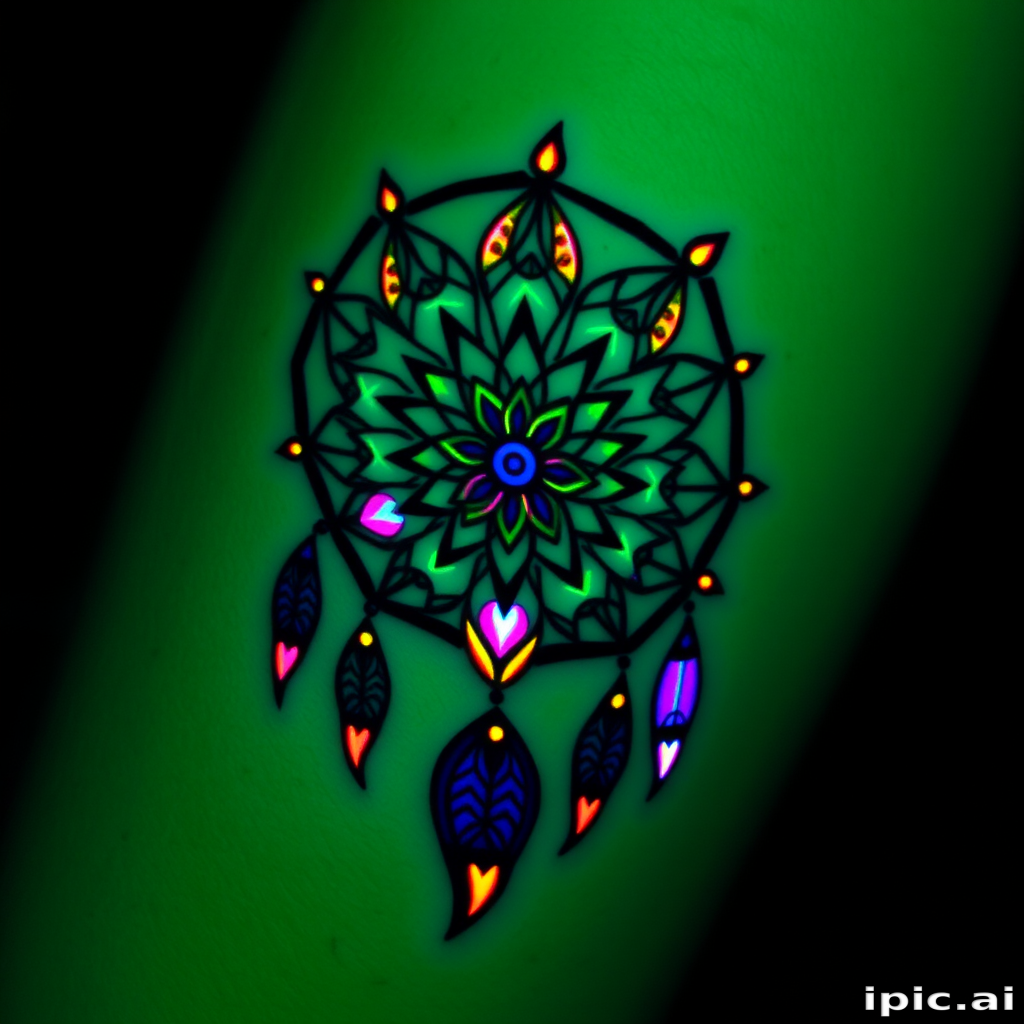 Psychedelic blacklight tattoo showcasing a kaleidoscopic dreamcatcher with fluorescent ink accents, visible only under UV light for a mind-bending secret design