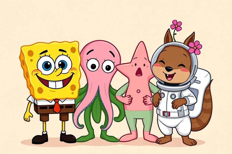 Create an illustration of four cartoon characters standing together on a textured beige background. The first character is a yellow square sponge with large eyes and a big smile wearing a brown tie. Next to him is a green octopus with a frown and large eyes. The third character is a pink starfish with a goofy smile. Lastly, there is a brown squirrel wearing a white space suit and a pink flower on her head, smiling widely.