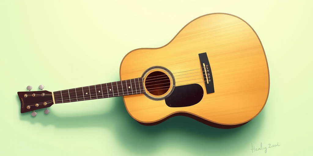 Create an illustration of an acoustic guitar lying on a soft pastel green background, capturing it from a top-down view with a shallow depth of field, using a digital art style with high-resolution settings for clarity and detail.