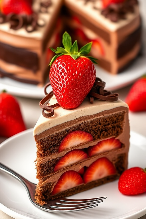 A delicious slice of chocolate mousse cake layered with fresh strawberries topped with chocolate curls and a whole strawberry on top served on a white plate with a fork beside it. The background features a whole cake and some additional strawberries.