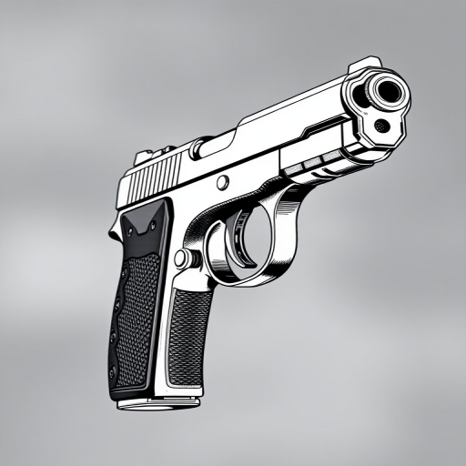 Create a high-resolution black and white illustration of a handgun from a side view with a shallow depth of field, using a DSLR camera set to f/2.8 aperture, ISO 100, with a 50mm lens, capturing fine details and textures against a soft blurred background.