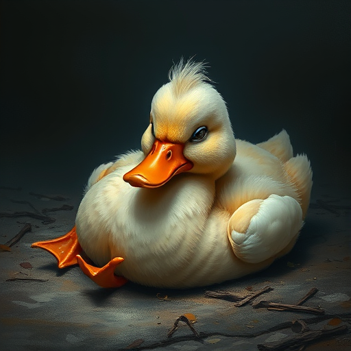 Stunning image of a cute adorable tired looking wacky duck laying flat on the ground, no emotions, moody, grainy, noisy, concept art, by Alberto Seveso, Cyril Rolando, Dan Mumford, Meaningful Visual Art, Detailed Painting, Digital Illustration,