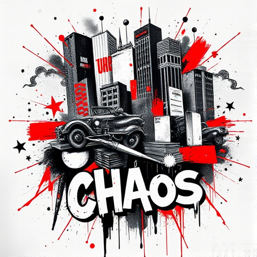 Trash polka tattoo called "Urban Chaos" combining realistic black and gray elements with abstract red accents and typography in a bold chaotic composition inspired by street art