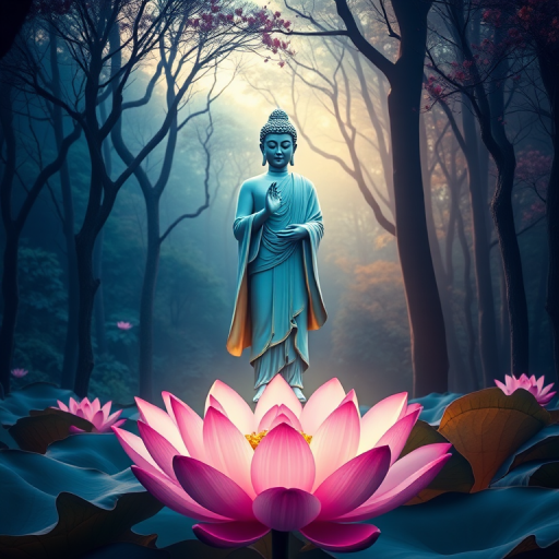 Create a serene and vibrant scene depicting a Buddha standing gracefully on a blooming lotus flower in a mystical forest, with a follower kneeling in reverence, using a DSLR camera, 50mm lens, f/2.8 aperture, ISO 200, with soft, diffused natural lighting to enhance colors and details.