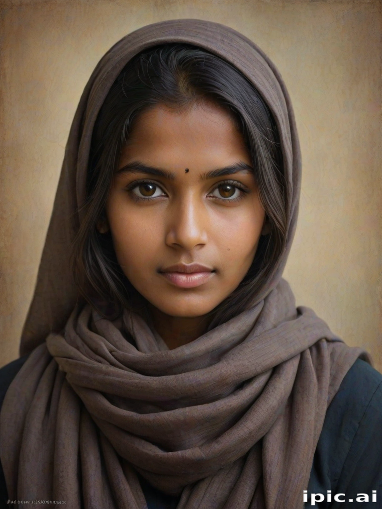 Create a portrait of a young Sri Lankan woman with long, dark hair and captivating hazel eyes. She is wearing a dark headscarf and a matching scarf draped gracefully around her neck. The background is softly blurred, focusing attention on her serene and natural expression. The overall color palette is muted and warm, enhancing the intimate and authentic feel of the portrait.