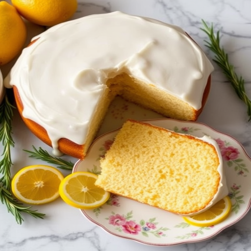 A beautifully frosted lemon cake with a slice on a floral plate, garnished with rosemary and lemon slices, placed on a marble surface. The cake has a creamy white icing and a soft, fluffy texture.