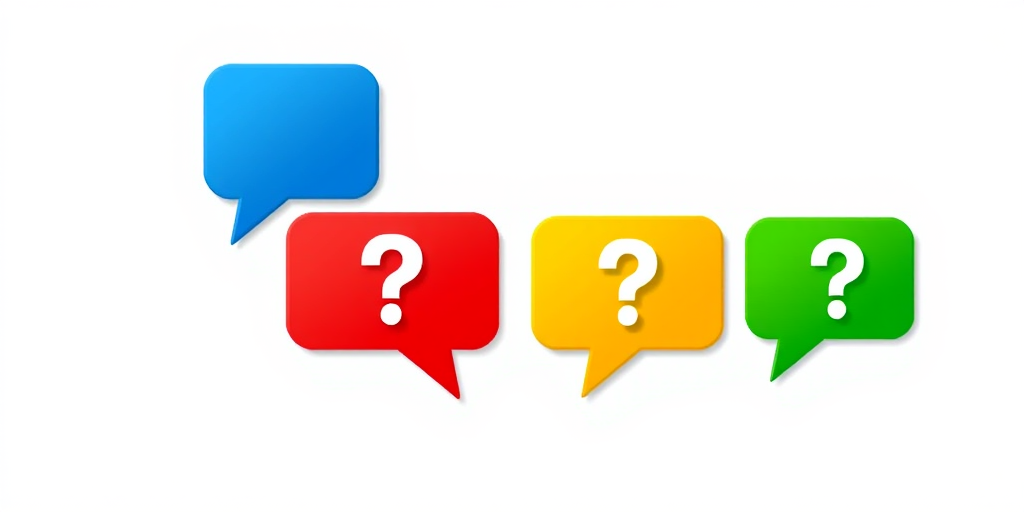 Create a vibrant graphic of four colorful speech bubbles in blue, red, yellow, and green, each containing a question mark, with a white background; use a digital illustration style with high contrast and sharp edges, simulating a 50mm lens at f/2.8 for a crisp finish and enhanced color saturation, ensuring a clean and modern aesthetic.