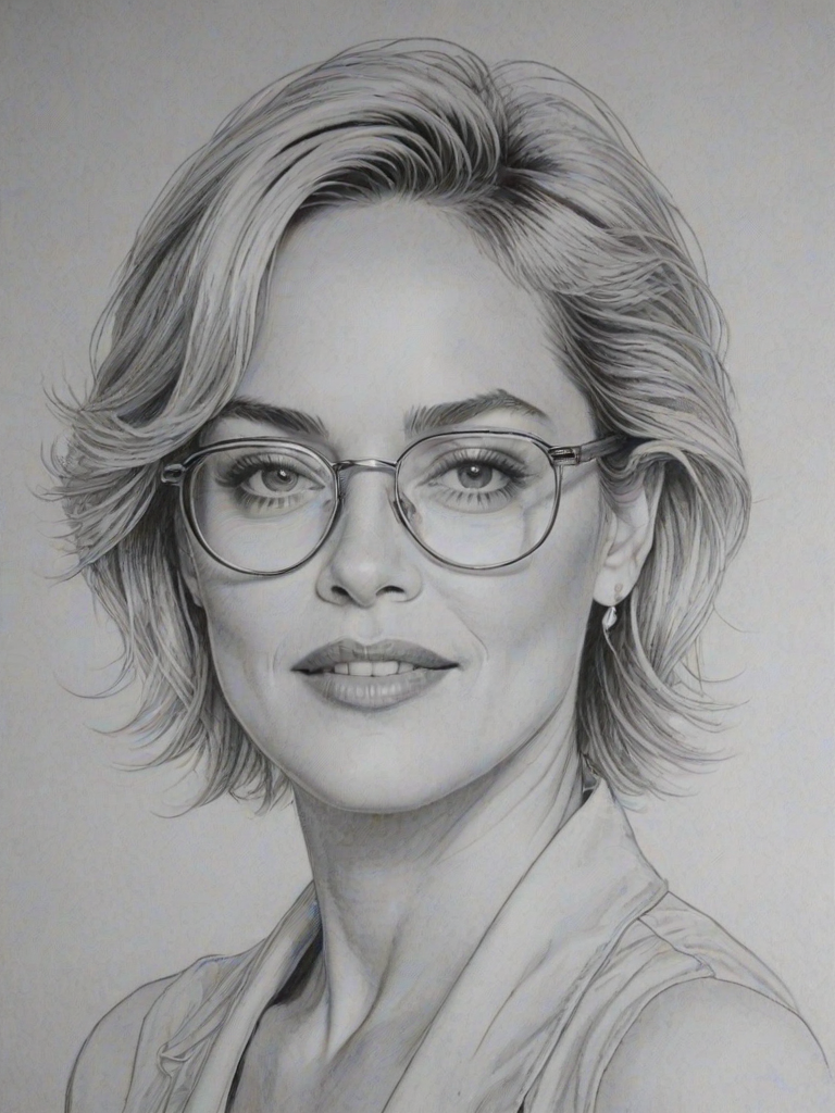 Elegant Sharon Stone, pencil sketch, portrait of Charming woman 1978s in glasses, hair style beatnik, outline, clear lines, fine lines, 8k