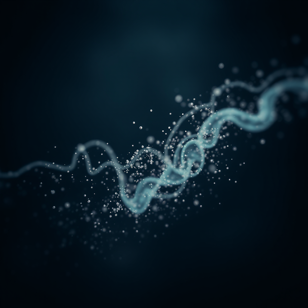 create a high-quality abstract image of flowing particles in a dark atmosphere, using a full-frame camera with a 50mm lens, f/1.8 aperture, ISO 200, 1/60s shutter speed, shot from a low angle with soft focus background and dramatic lighting to emphasize depth and texture