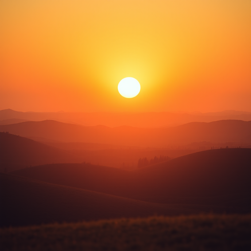 create a smooth gradient landscape at sunset with rounded hills and a large sun in warm earthy tones, shot with a Canon EOS R5 at f/8, 1/60s, ISO 200, wide-angle lens, top-down view, soft focus for a vintage aesthetic