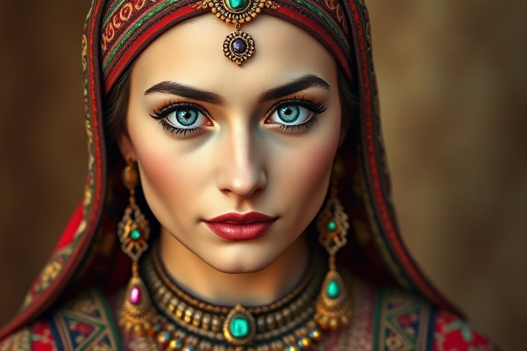 Create a portrait of a beautiful Circassian woman with striking cyan eyes and a gentle expression. She is adorned in traditional attire with intricate patterns, including a richly embroidered headscarf and matching garments. Her jewelry includes a delicate headpiece, dangling earrings, and ornate bracelets, all featuring vibrant gemstones and detailed metalwork. The background is soft and warm, enhancing the rich colors of her outfit and jewelry.
