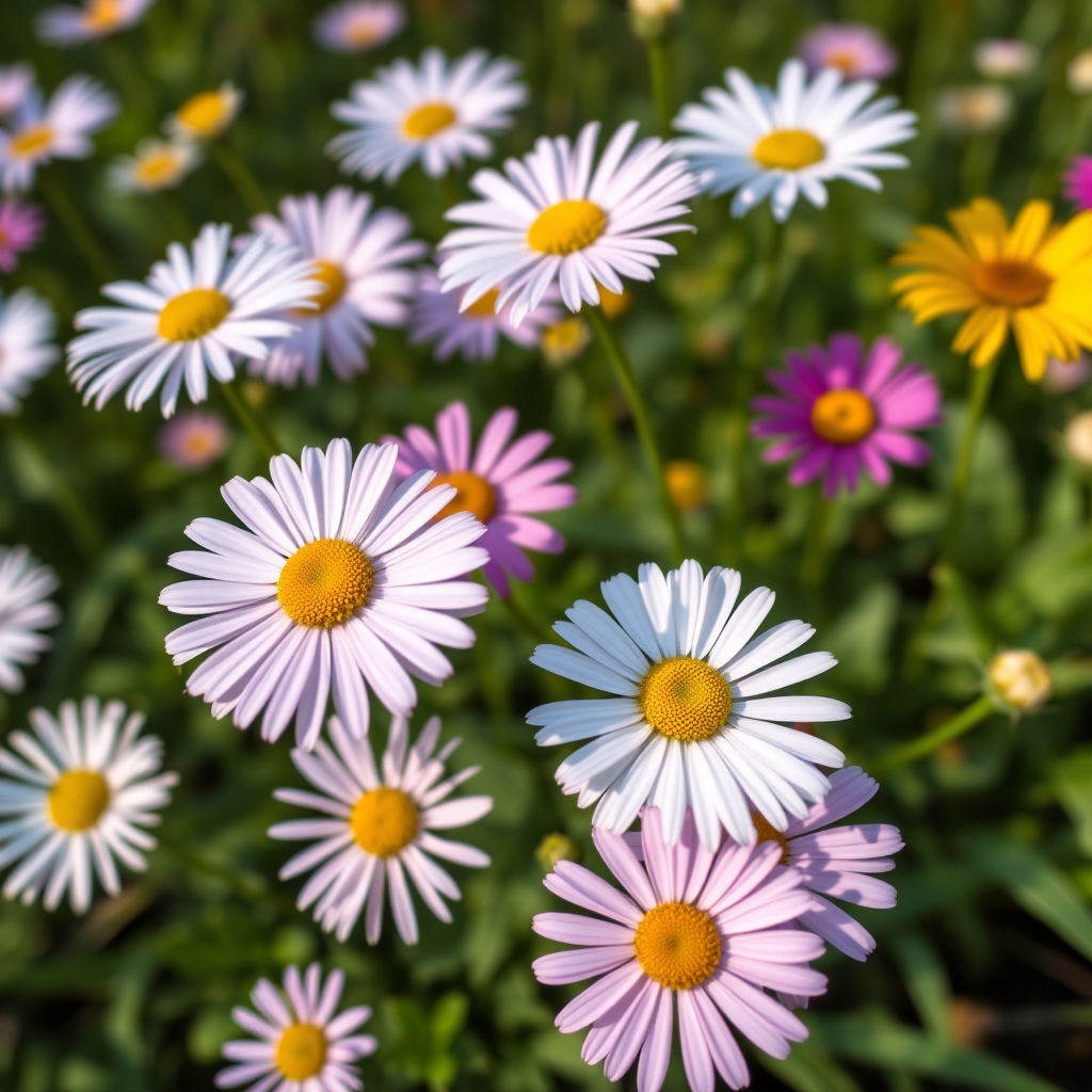Generate a vibrant close-up of daisies in a lush garden, using a DSLR camera with a 50mm lens at f/1.8, ISO 100, and a shutter speed of 1/200 sec, with a soft focus background for enhanced depth, natural lighting.