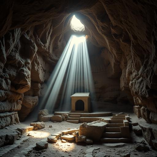 Create an image of a serene cave with a stone burial tomb at its center, illuminated by soft rays of sunlight pouring through an opening above, surrounded by rugged walls and a staircase leading out, captured with a DSLR camera at f/2.8, ISO 100, 1/60 sec, wide-angle lens, and a slight vignette for enhanced focus on the tomb.