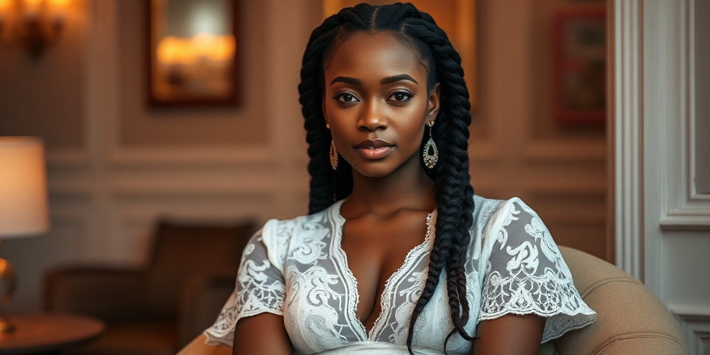 Create a portrait of a refined and elegant African American woman seated in a sophisticated setting. She has long, wavy hair styled in two thick braids that are pulled over her shoulders. She wears a white, lace gown with intricate patterns, featuring a deep V-neckline and short sleeves. The dress exudes a vintage charm with its delicate lacework. She is adorned with ornate, dangling earrings that add a touch of glamour to her appearance. The background is softly lit, with warm, ambient lighting that creates a cozy and inviting atmosphere. Her expression is poised and serene, capturing a sense of grace and elegance.