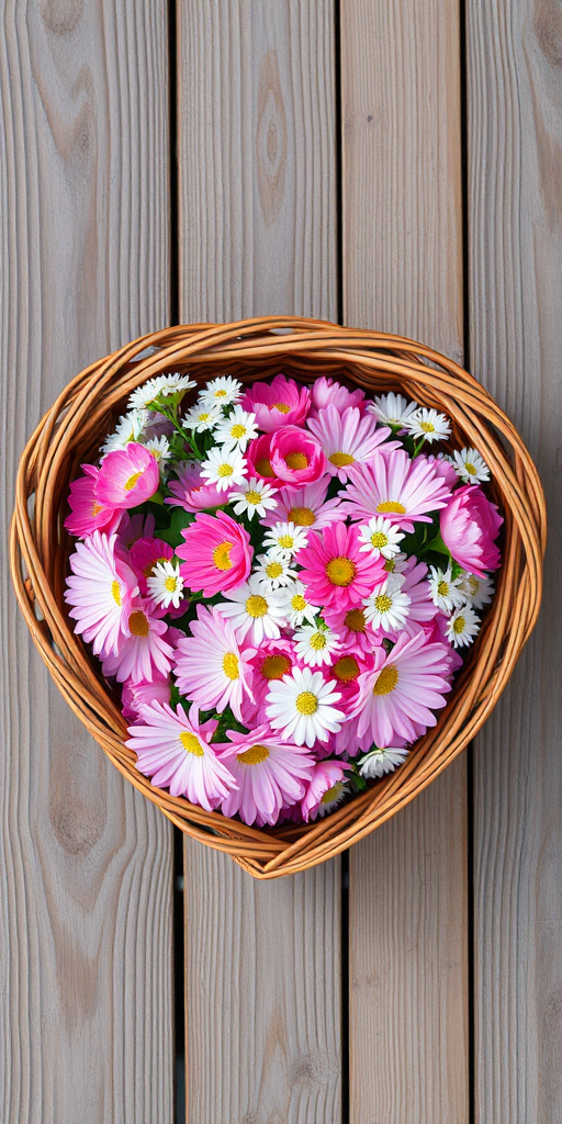 Create an image of a heart-shaped basket filled with pink and white flowers on a wooden surface, using a DSLR camera, aperture f/2.8, shutter speed 1/125, ISO 100, shot from a top-down view with natural lighting.