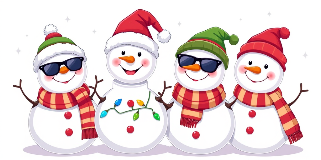 Create a high-resolution illustration of four cheerful cartoon snowmen wearing festive hats and scarves, with one snowman wearing sunglasses, decorated with Christmas lights, set against a pure white background, using a DSLR camera with a 50mm lens, f/2.8 aperture, 1/125 shutter speed, and 400 ISO, in a vibrant and colorful style.