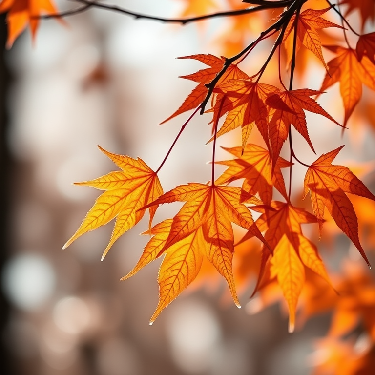 Regenerate an image of a close-up of orange maple leaves hanging on a bare branch, with soft bokeh in the background, captured with a Canon EOS 5D Mark IV, 50mm lens, aperture f/1.8, shutter speed 1/250s, ISO 200, with a shallow depth of field in natural light.