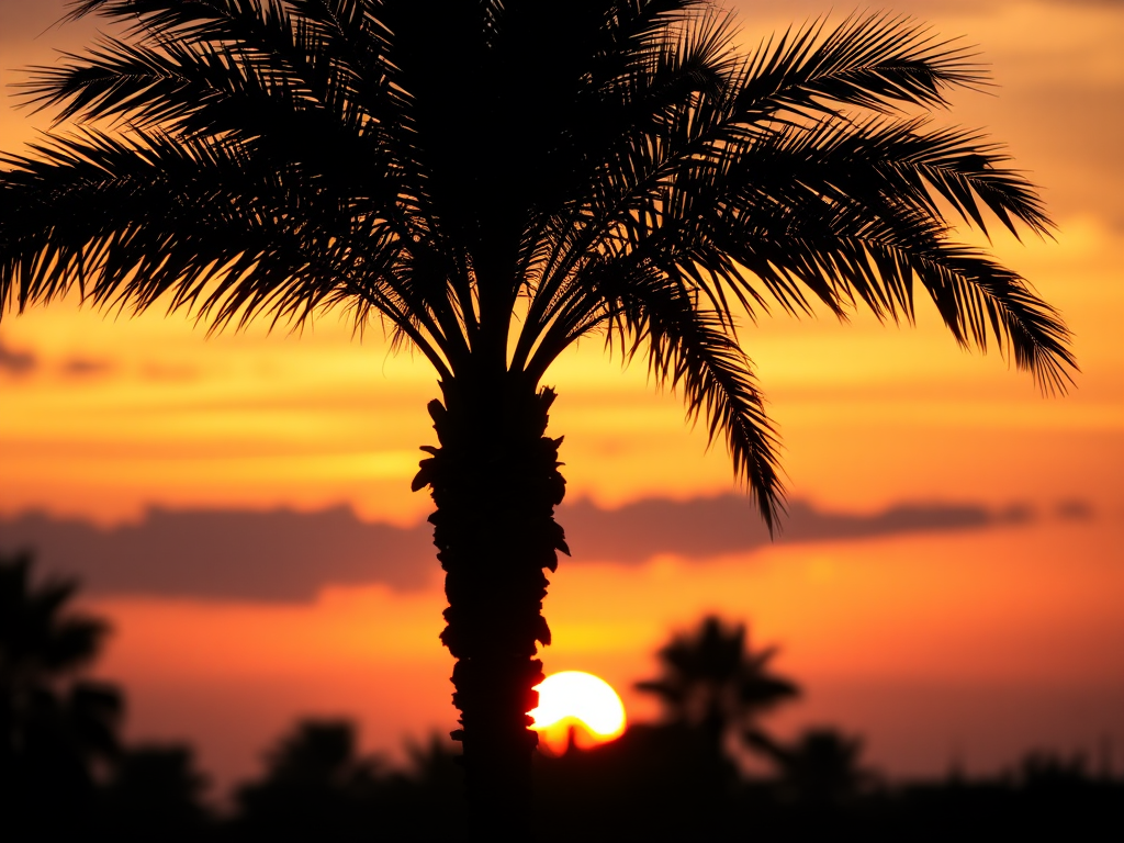 Generate a high-resolution image of a palm tree silhouette against a sunset background, using a DSLR camera with a 50mm lens, aperture set to f/2.8, ISO 100, and a wide-angle view to enhance depth and detail.