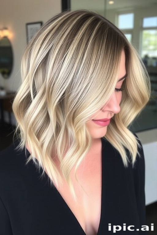 Sophisticated shoulder-length lob in ash blonde, styled with soft waves and babylights, creating a perfect balance of dimension and movement