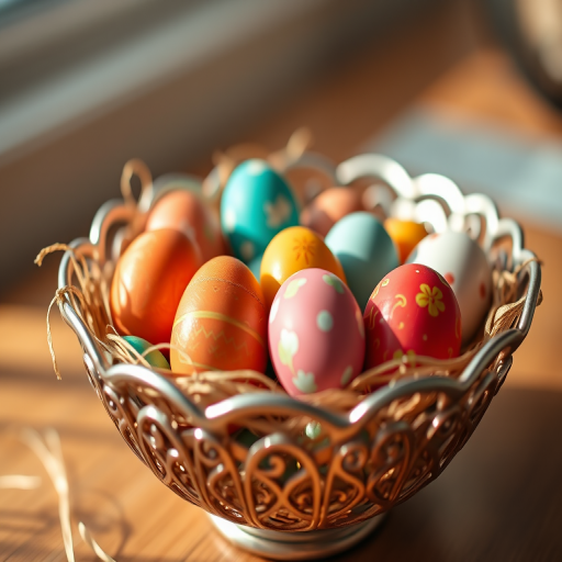 colorful decorative Easter eggs in a beautifully detailed metallic bowl, soft natural light, shallow depth of field, aperture f/2.8, ISO 100, 50mm lens, close-up shot, warm tones, high resolution