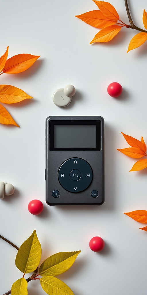digital mp3 player, flat lay top view, high-resolution, natural lighting, f/2.8 aperture, 1/60 shutter speed, ISO 100, DSLR camera