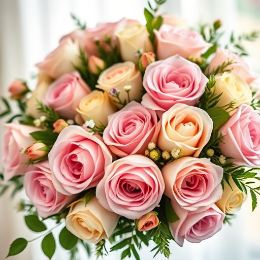 Create a detailed floral wreath composed of varied roses in shades of pink and cream, adorned with greenery and small blossoms, captured with a DSLR camera at f/2.8 aperture, 50mm focal length, in soft natural light, using a shallow depth of field for a blurred background effect.