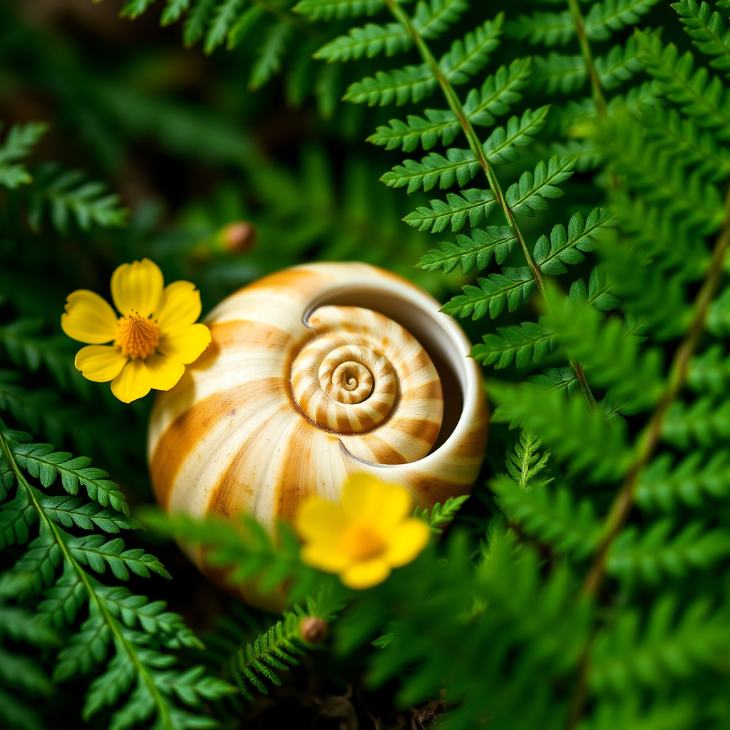 Create a high-resolution still life image of a spiral shell surrounded by ferns and a yellow flower, using a DSLR camera with a 50mm lens, aperture f/2.8, ISO 100, shot in natural light with a shallow depth of field to enhance the foreground details.