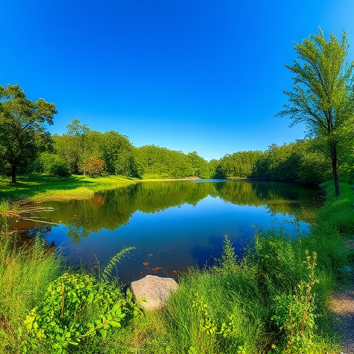 Create a highly detailed image of a serene nature scene with a clear blue sky, vibrant greenery, and a calm lake reflecting the surroundings, taken with a Canon EOS R5 camera at f/8 aperture, 1/125 sec shutter speed, ISO 100, using a wide-angle lens at a 24mm focal length for a panoramic view.
