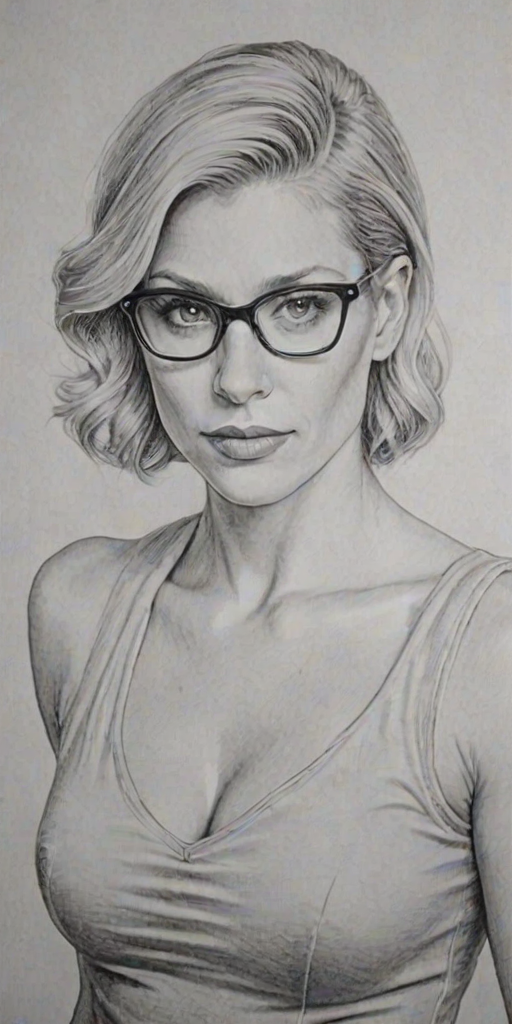 Ravishing Katee Sackhoff, pencil sketch, portrait of Wonderful woman 1937s in glasses, hair style beatnik, outline, clear lines, fine lines, 8k