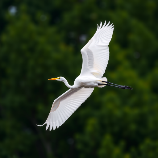 a great egret in flight with wings fully spread against a lush green background, shot with a Canon EOS 90D, 200mm lens, aperture f/5.6, ISO 400, 1/1000 second shutter speed, natural light, focus on bird with soft bokeh background